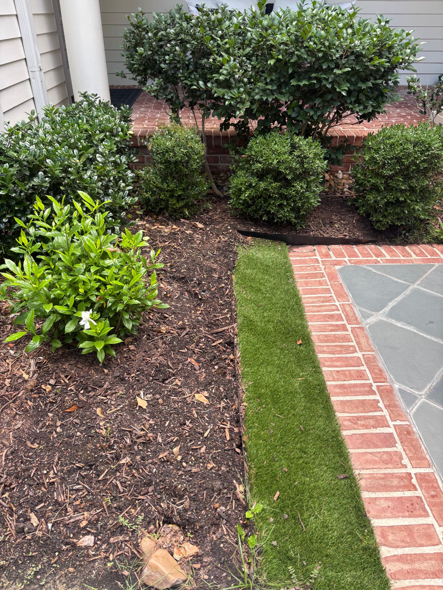 Mulch beds with boxwoods and a brick path — Integrative Services, Montgomery TX